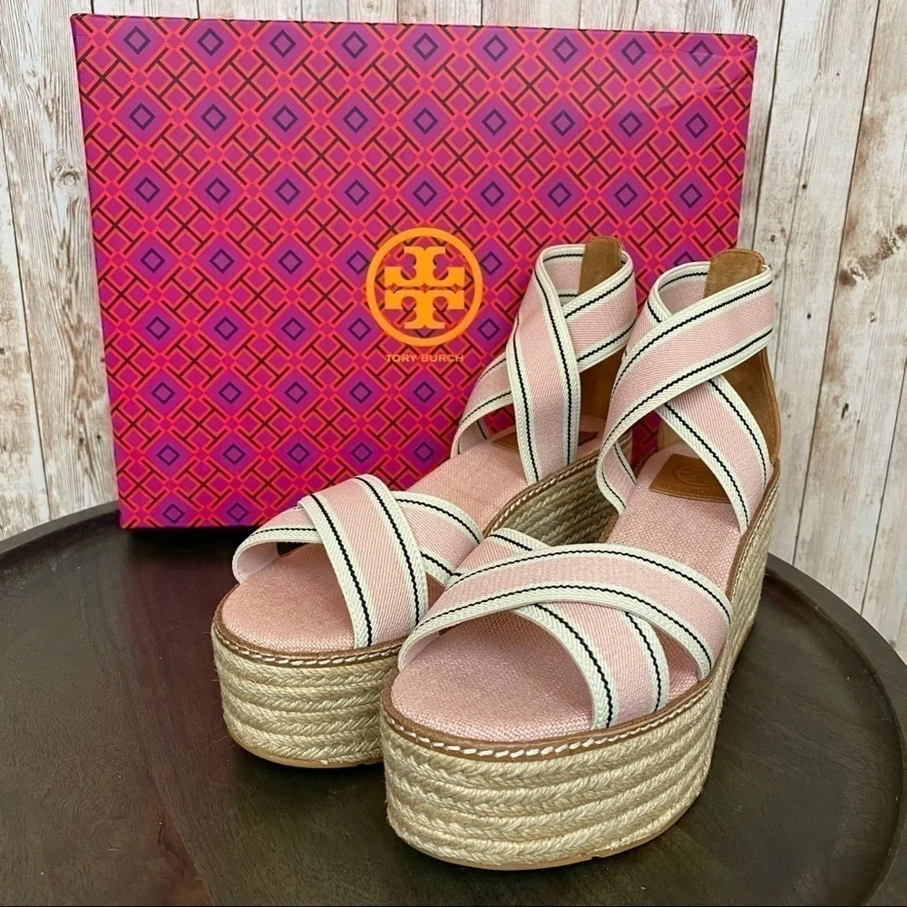 Tory Burch Frieda Espadrille Wedge Sandal‎ Blush Stripe/Tan Size 9.5 Women